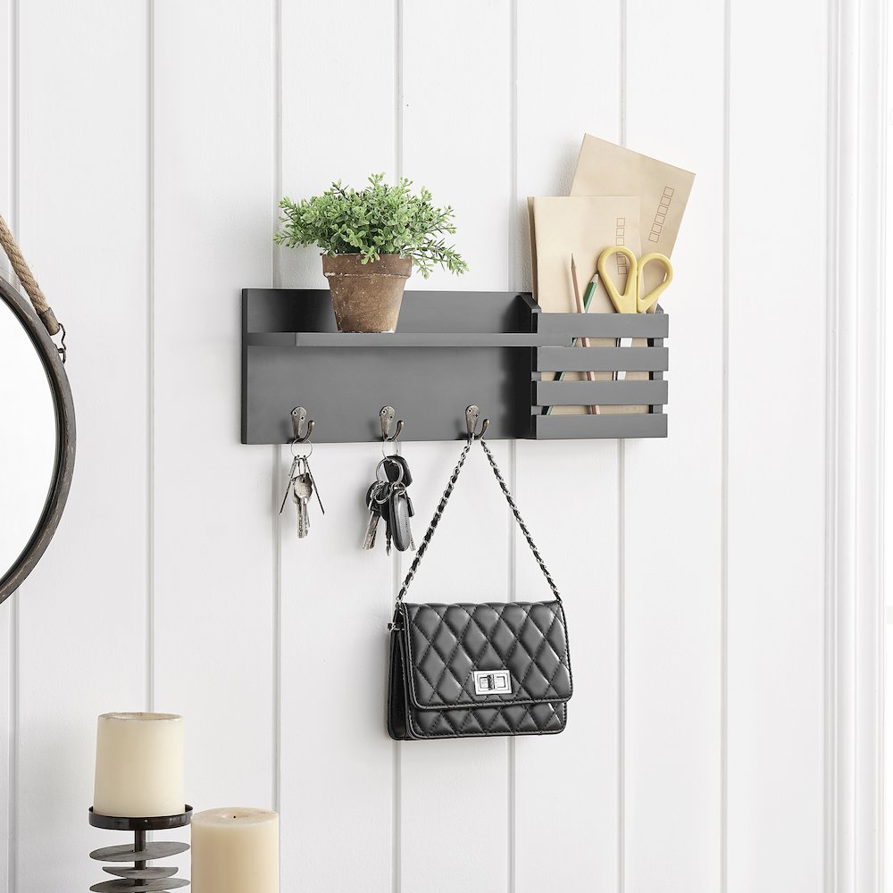 Utility Shelf with Pocket and Hanging Hooks - Black. Picture 4