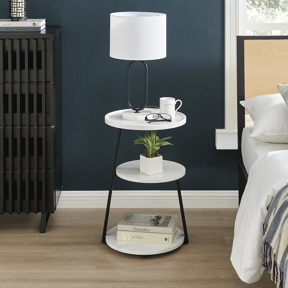 Skylar Round 3-Tier Side Accent Table with Raised Lip Edge - White Marble/Black. Picture 5