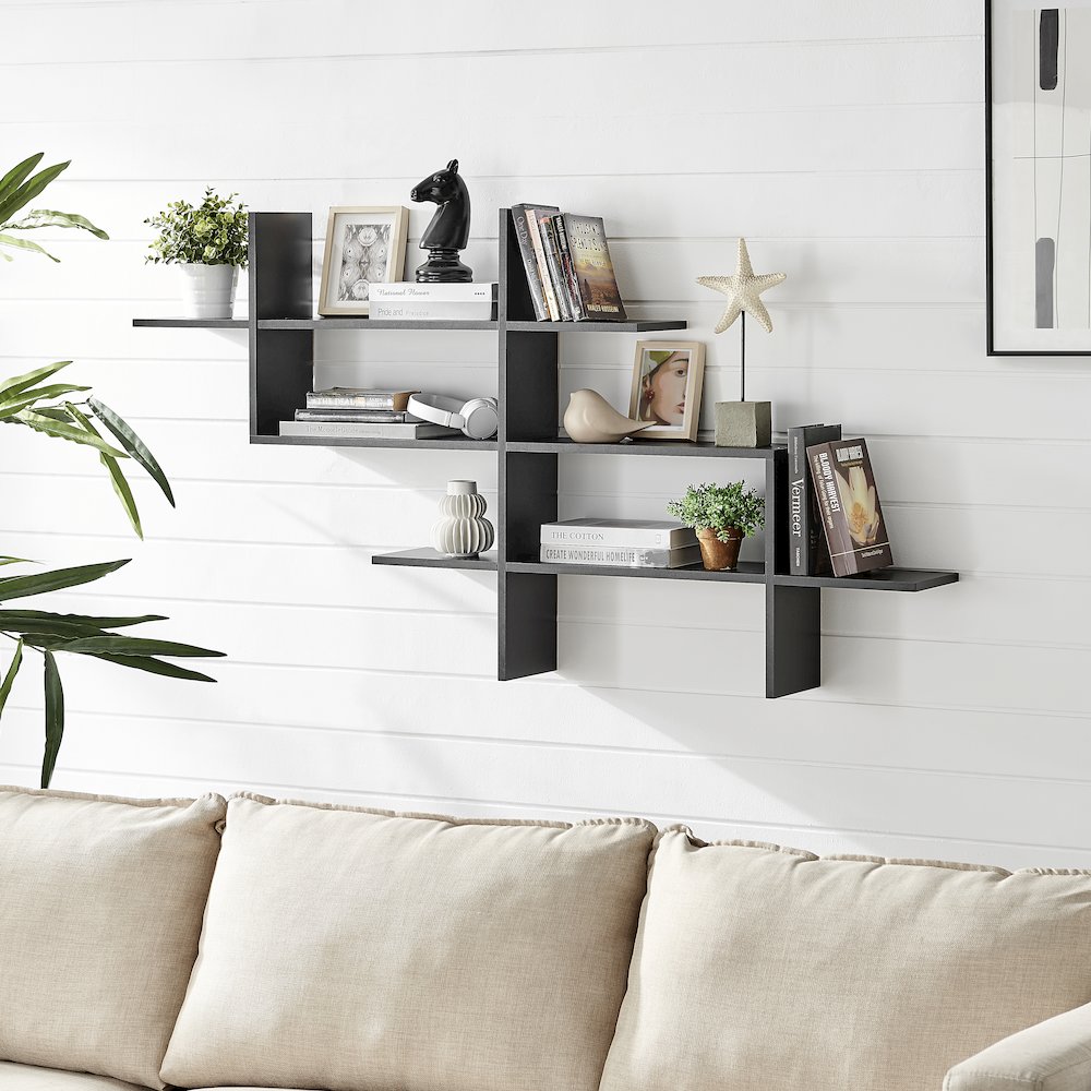 3-Tier Ladder Cantilever Asymmetrical Cubby Accent Wall Shelf – Black. Picture 3