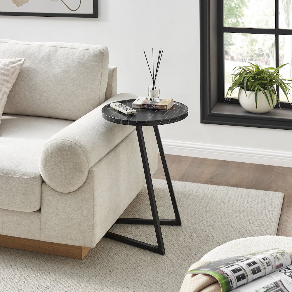 Addison Round Raised Lip Angled Couch-Side Accent C-Table - Black Marble/Black. Picture 2