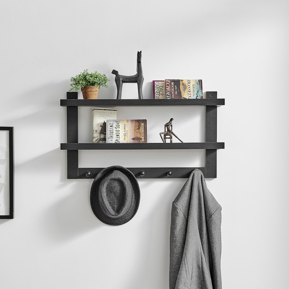 2-Tier Ledge Wall Shelf Organizer with 5 Hanging Coat or Towel Hooks - Black. Picture 2