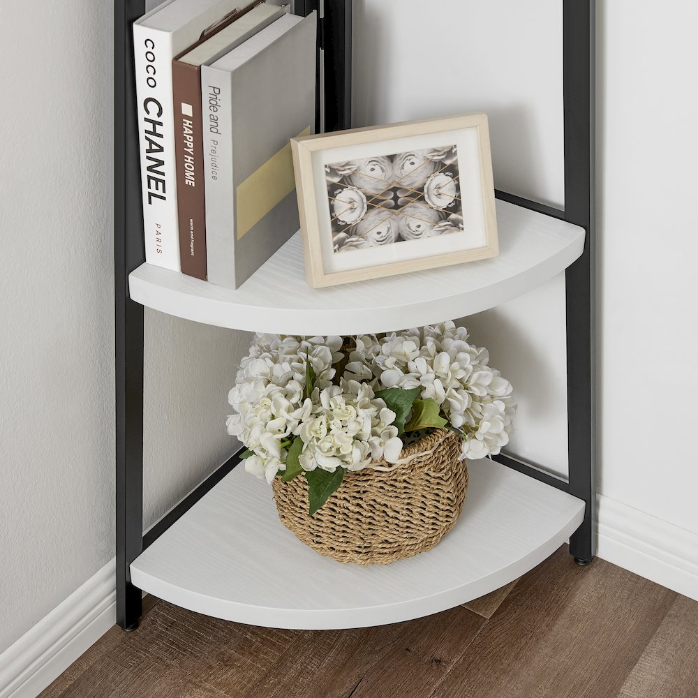 Free-Standing 5-Tier Pyramid Corner Shelf in Black Metal with White MDF Shelves. Picture 6