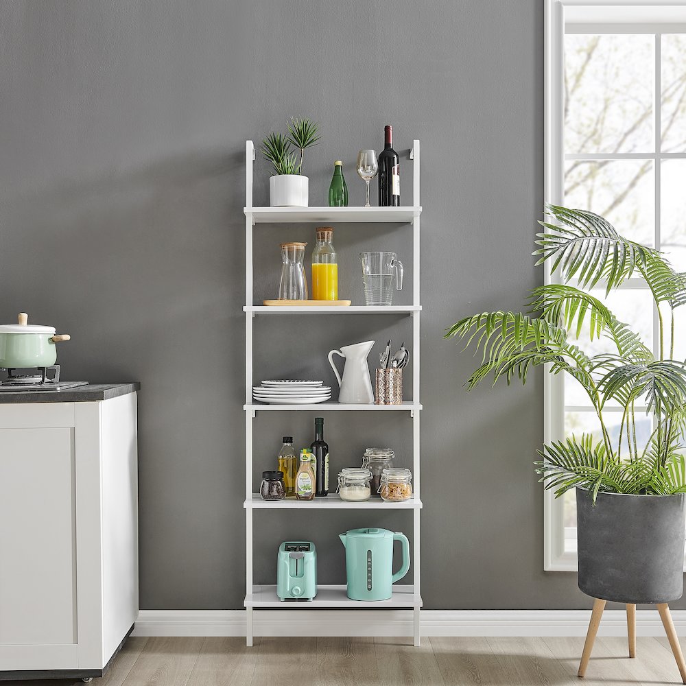Everett 5-Tier Open Display Wall Mount Metal Frame Ladder Shelf - White/White. Picture 5