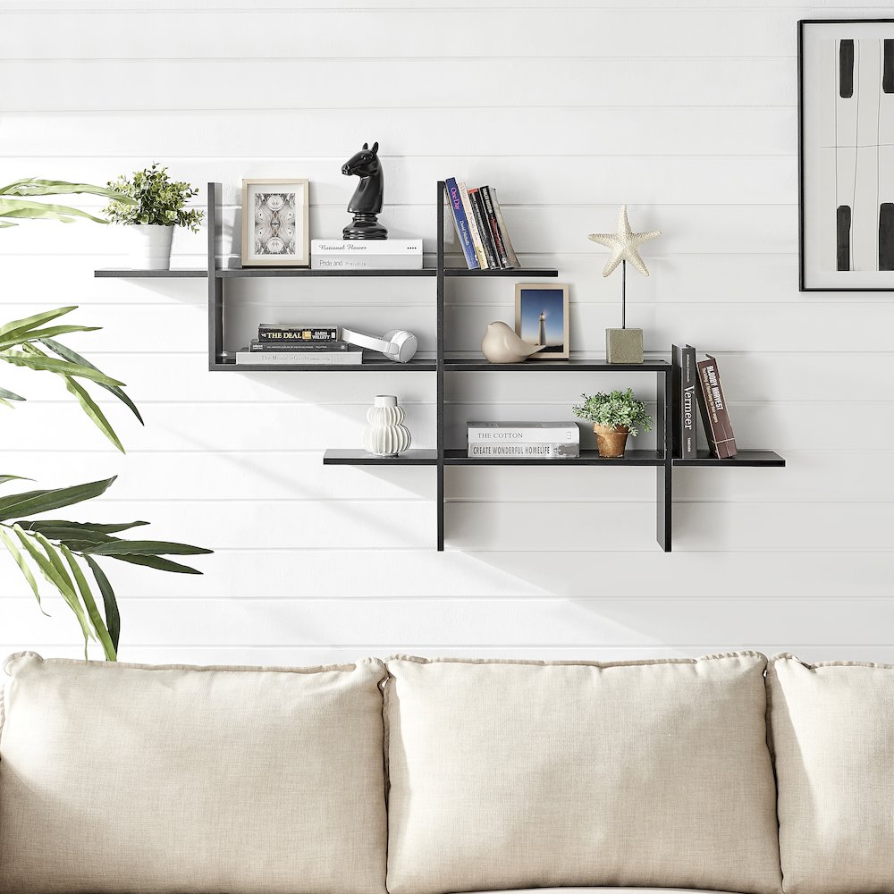 3-Tier Ladder Cantilever Asymmetrical Cubby Accent Wall Shelf – Black. Picture 2
