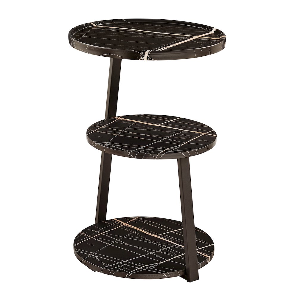Skylar Round 3-Tier Side Accent Table with Raised Lip Edge - Black Marble/Black. Picture 13