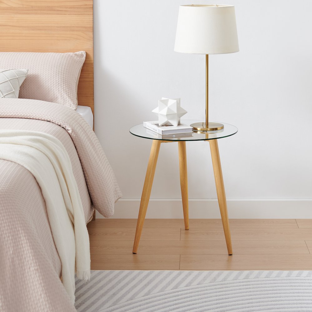 Van Beuren Side Table Modern Metal Taper Legs and Clear Glass Tabletop - Beech. Picture 3