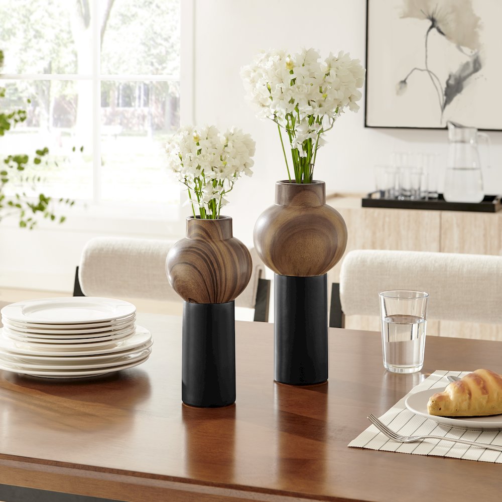 Milo Slickpin 2 Piece Modern Two Tone Tabletop Vase Set - Black and Walnut. Picture 4