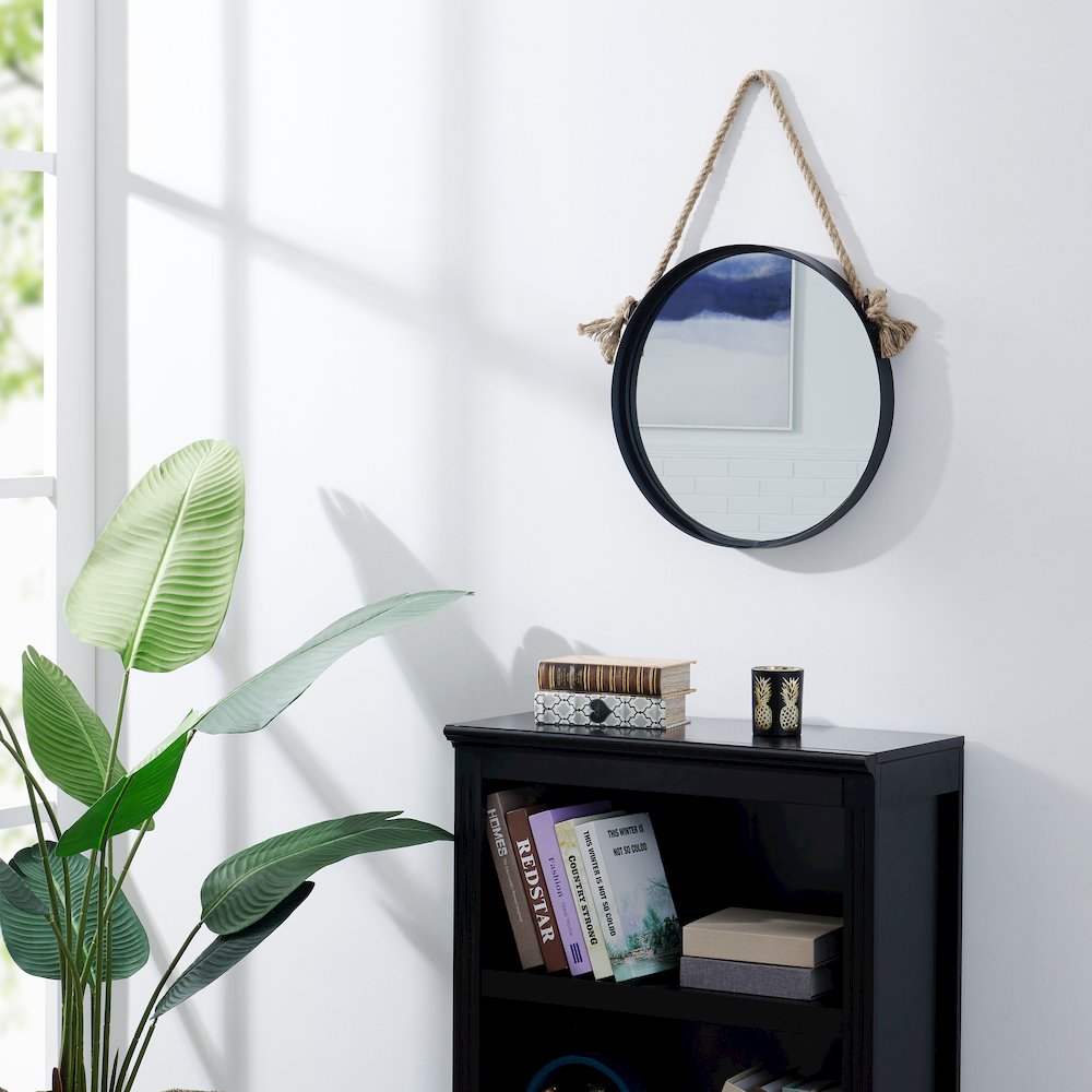 18” Black Iron Framed Round Accent Mirror with Hanging Rope. Picture 2