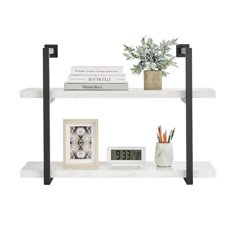 Modern 2-Tier Hanging Bracket Wall Shelves in Black Metal and White Birch Finish. Picture 13