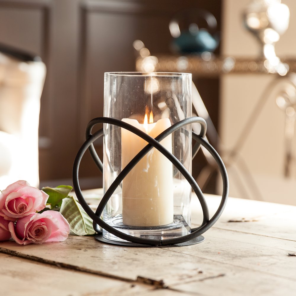 Large Metal and Glass Orbits Hurricane Candleholder. Picture 3