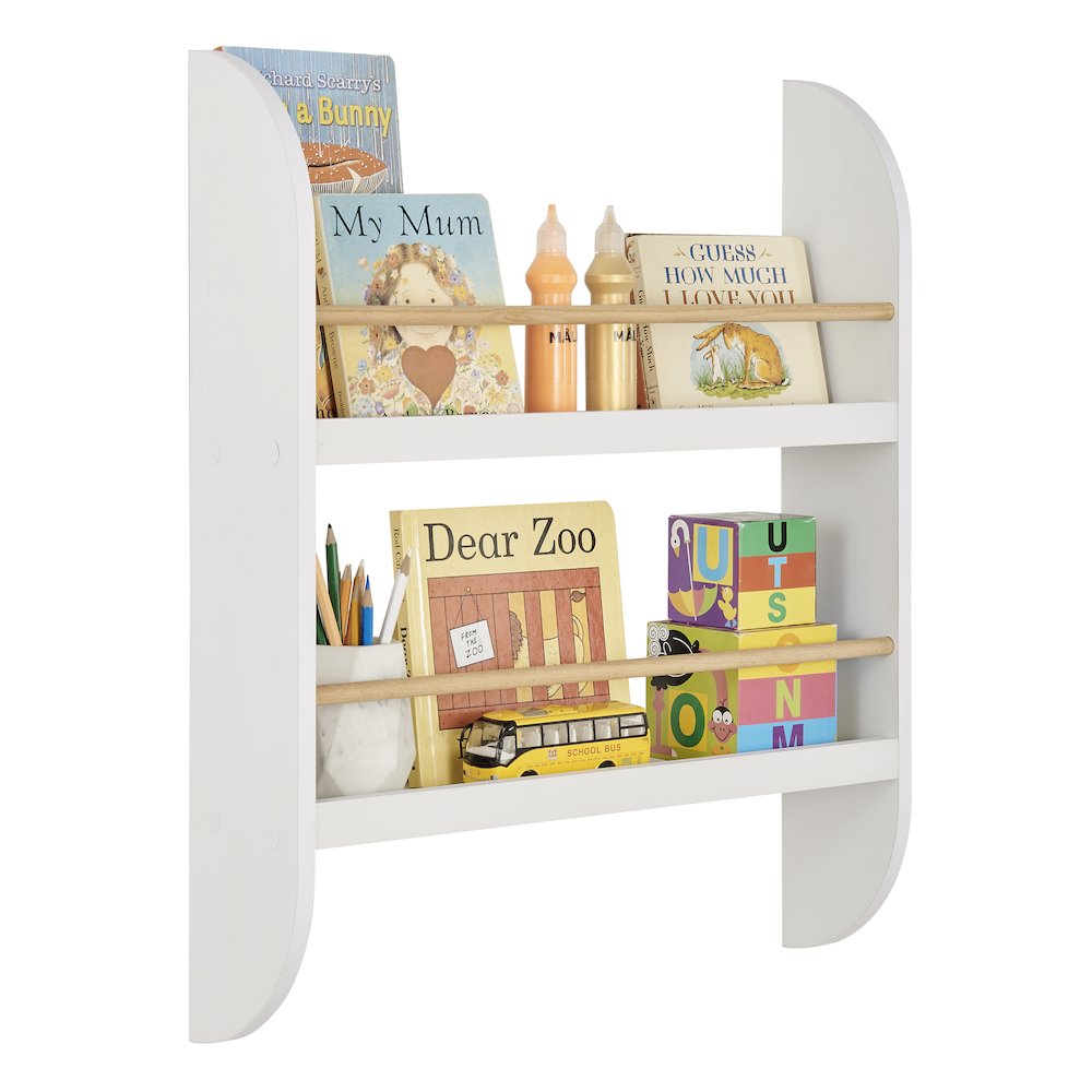 Steiner White Rounded 2-Tier Kids Book Magazine Wall Bookcase - Wood-toned Rods. Picture 13