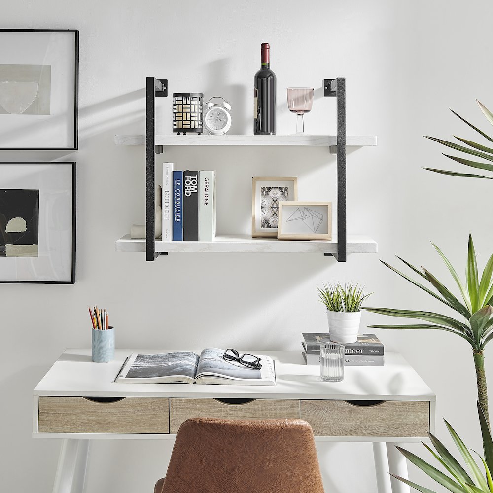 Modern 2-Tier Hanging Bracket Wall Shelves in Black Metal and White Birch Finish. Picture 2