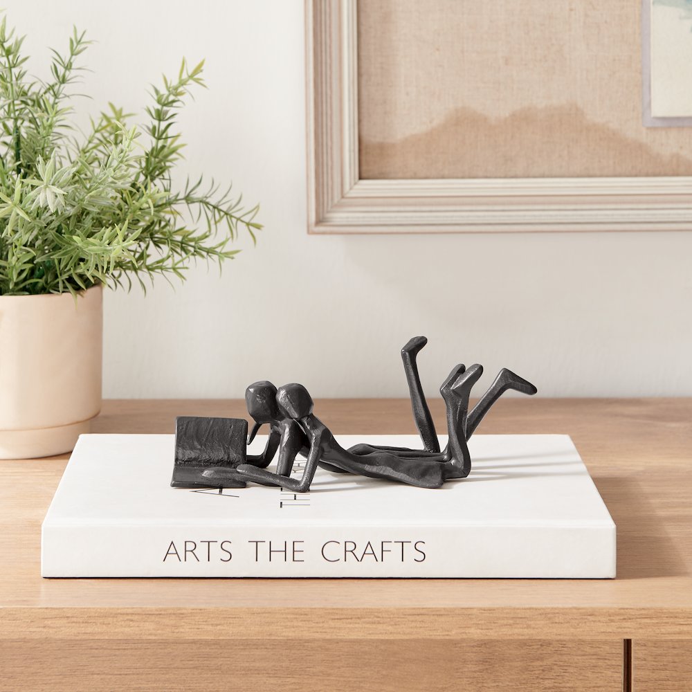 Brown Cast Iron Abstract Couple Reading Book Together Tabletop Sculpture. Picture 4
