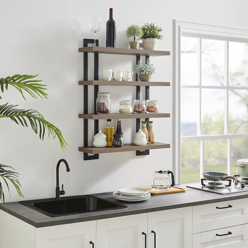 4-Tier Floating Bracket Wall Shelf - Black Metal and Walnut Finish. Picture 7