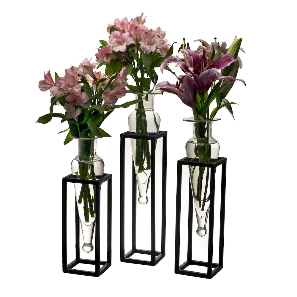 Set of 3 Clear Amphorae Vases on Square Tubing Metal Stands. Picture 1