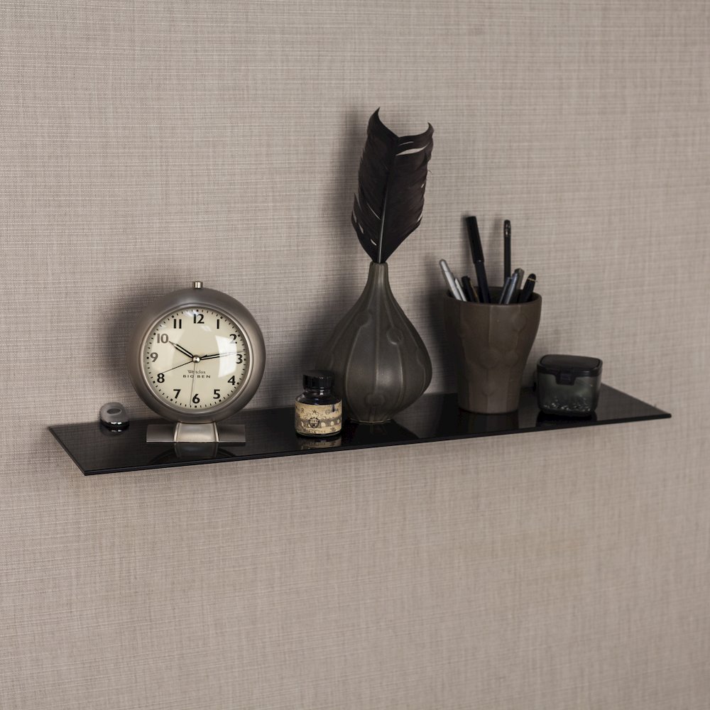 Black Smoke Glass Floating Shelf with Chrome Brackets 24 x 6". Picture 3