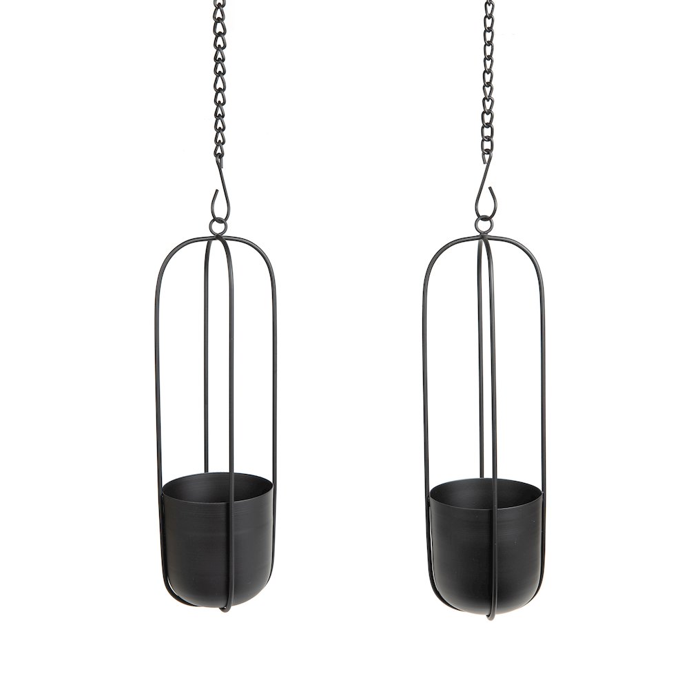 Walter 2-Piece Black Metal Oval Hanging Planter Set with Chain Hanging Option. Picture 1
