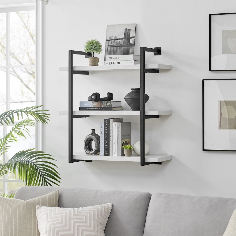 Modern 3-Tier Hanging Bracket Wall Shelves in Black Metal and White Birch Finish. Picture 7