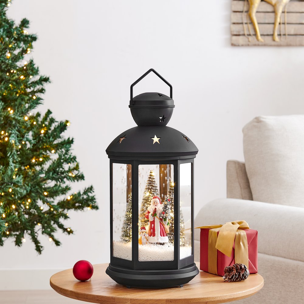 Christmas Scene Falling Snow Musical Snow Globe Lantern - Black. Picture 3