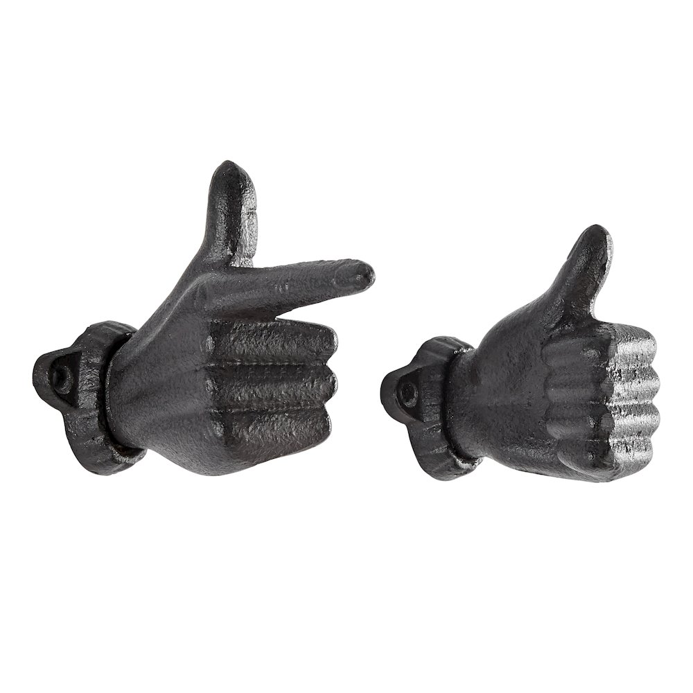 "Thumbs up & Pointing Finger" Brown Cast Iron Wall Mount Hook Set (Set of 2). Picture 1