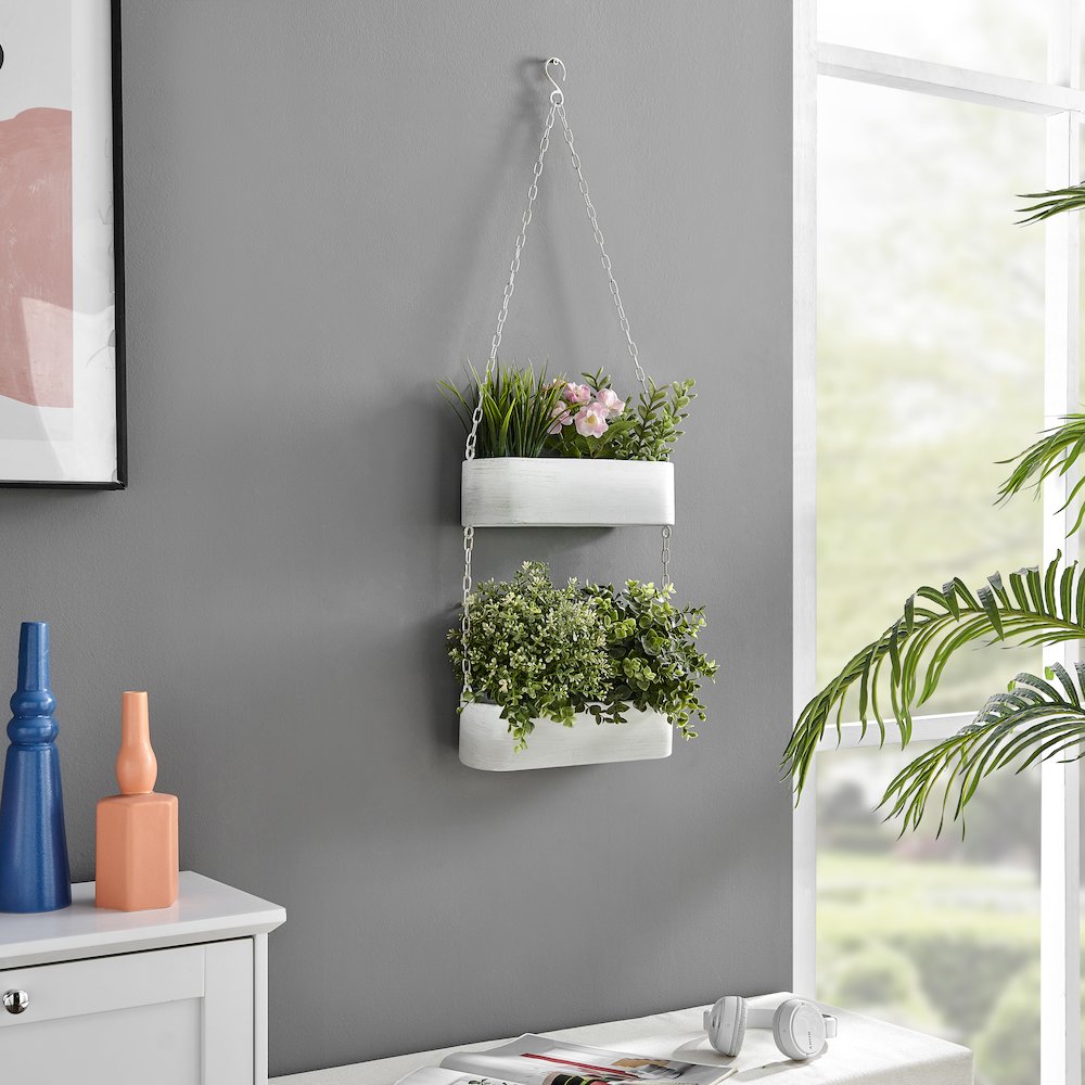 Two-Tier Hanging White Metal Trough Wall Planter. Picture 3