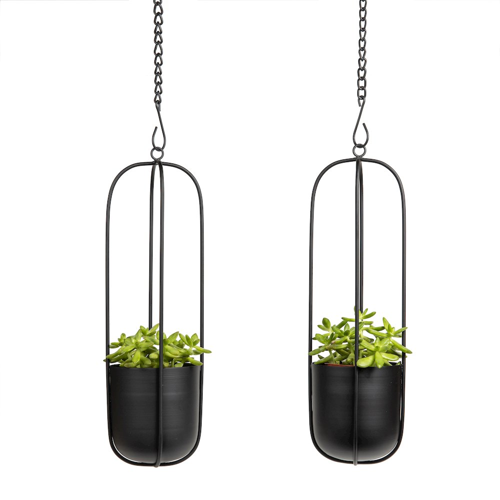 Walter 2-Piece Black Metal Oval Hanging Planter Set with Chain Hanging Option. Picture 7