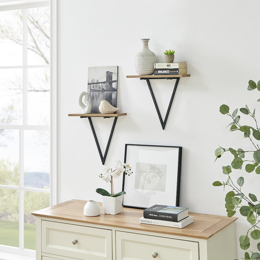 Triangle Accent Wall Shelf Reversible Configuration - Black Metal Walnut Finish. Picture 6