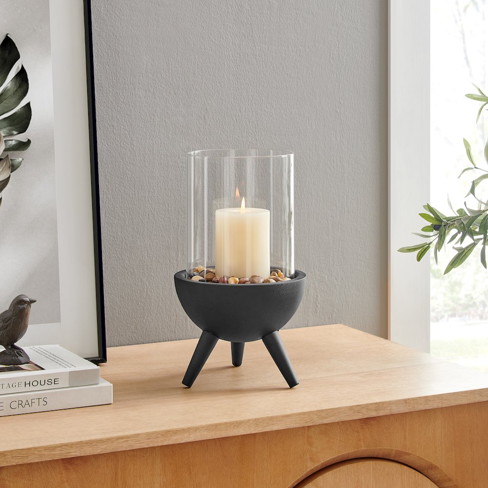 Molta Modern Black Metal Pedestal Glass Pillar Hurricane Candle Holder - Large. Picture 4