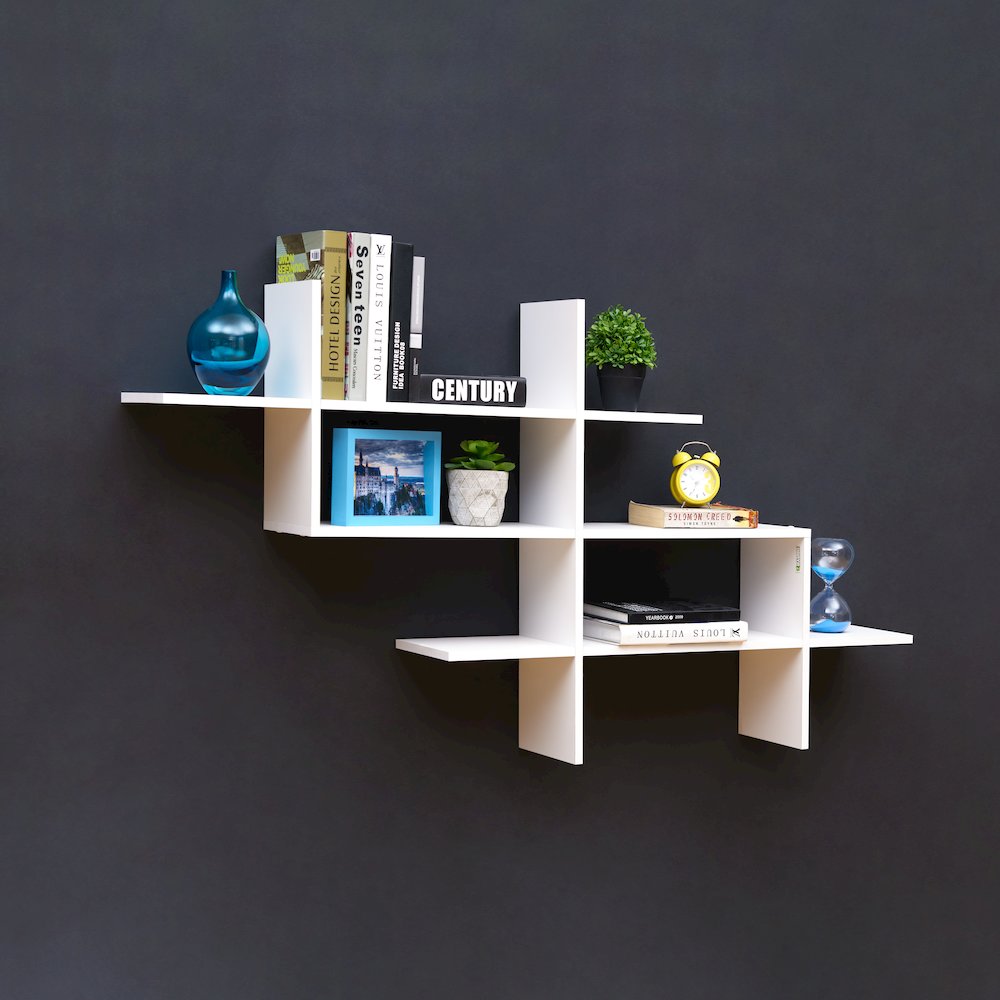 3-Tier Hanging Wall Mount Floating Ladder Asymmetrical Accent Shelf – White. Picture 4
