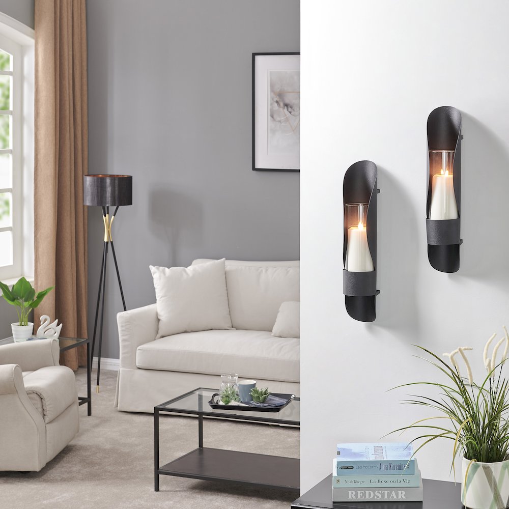 Wall Mount Hugging Metal Candle Sconces with Glass Inserts - (Set of 2) - Black. Picture 2