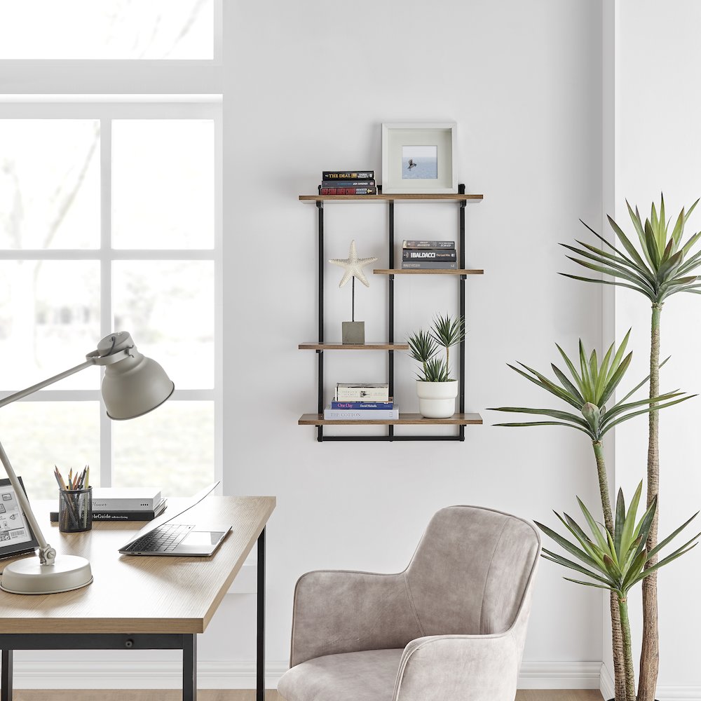 Rhodes 4 Tier Windowsill Wall Shelf Black Metal Frame Light Walnut MDF Shelves. Picture 4