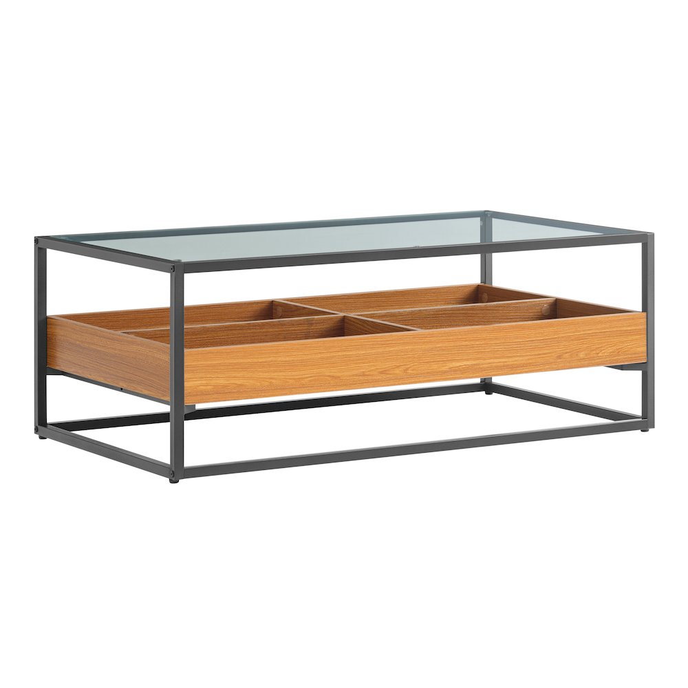 Saarinen 2-Level Glass Display Shelf Rectangle Low Coffee Table - Golden Oak. Picture 11