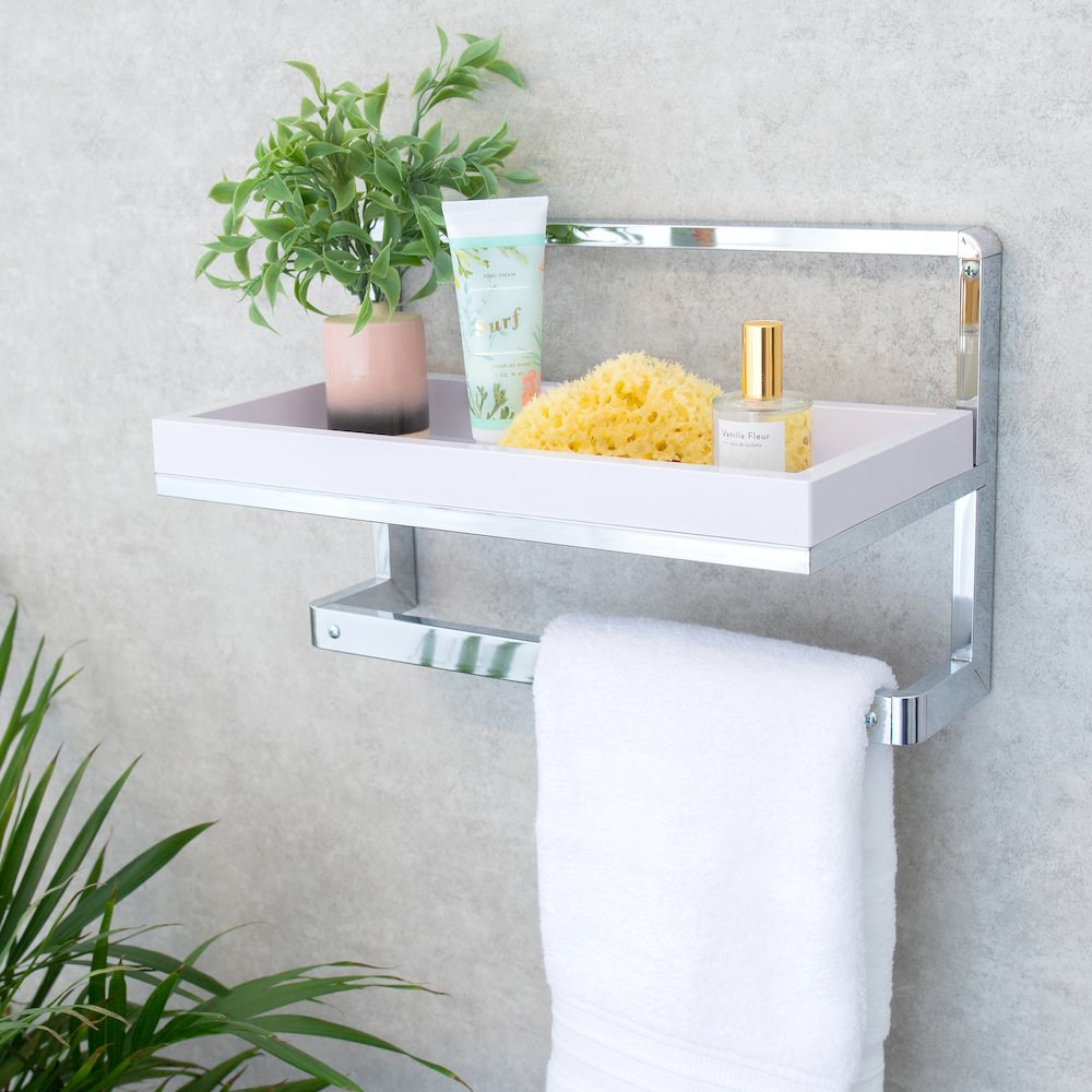 Bathroom Wall Mounted Chrome Towel Rack and Shelf with Removable White Tray. Picture 3