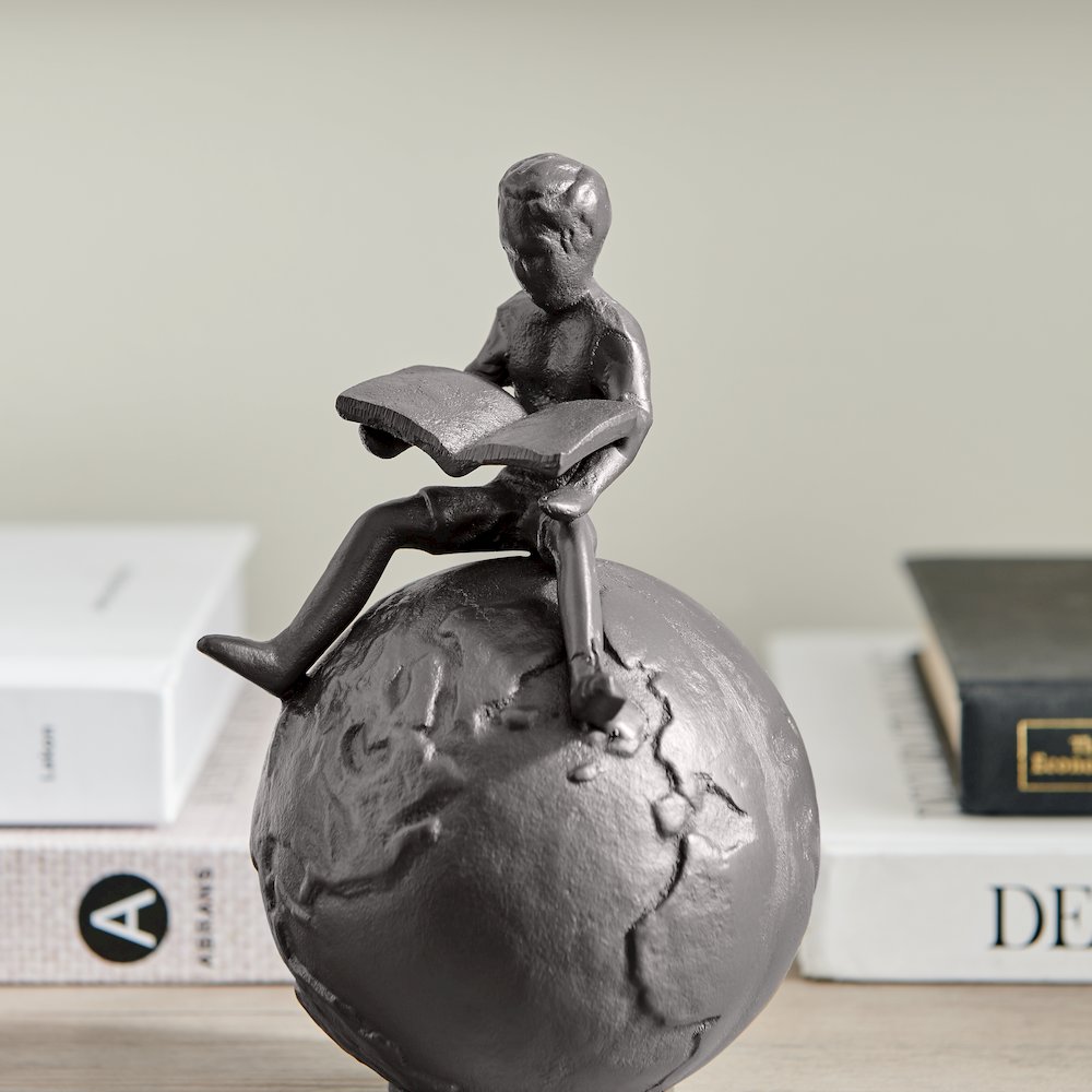 Brown Cast Iron Boy Reading on Globe Sculpture or Decorative Paperweight. Picture 4