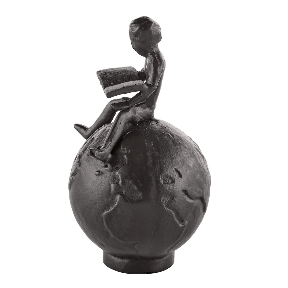 Brown Cast Iron Boy Reading on Globe Sculpture or Decorative Paperweight. Picture 8
