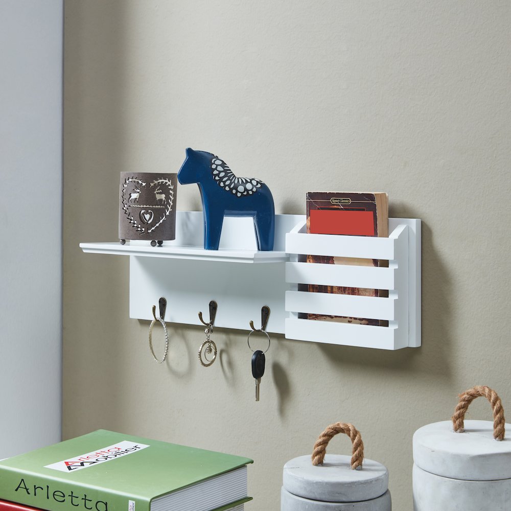 Utility Shelf with Pocket and Hanging Hooks - White. Picture 7