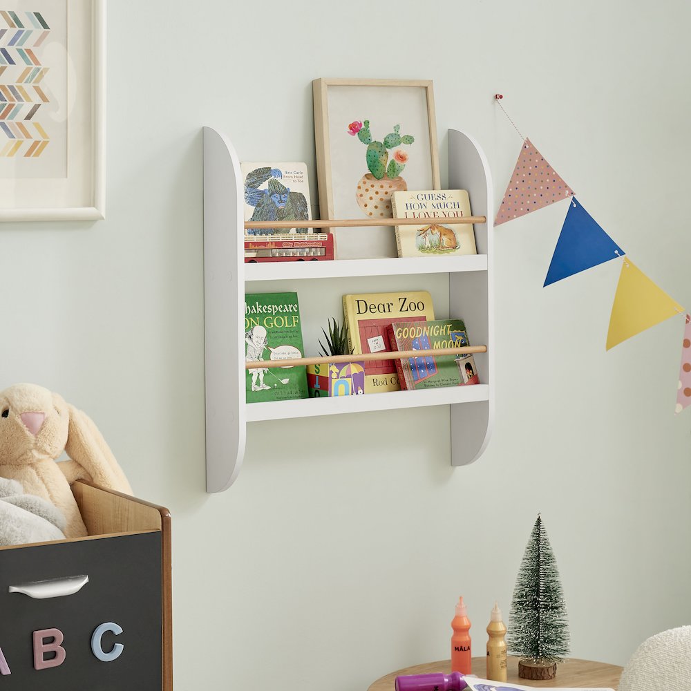 Steiner White Rounded 2-Tier Kids Book Magazine Wall Bookcase - Wood-toned Rods. Picture 7