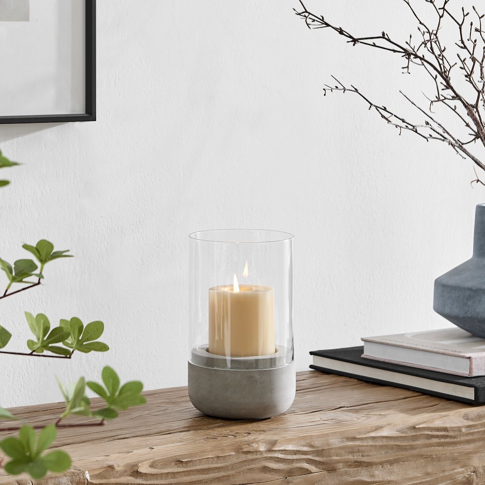 Cool Gray Cement Base and Glass Pillar Votive Candle Holder - Small. Picture 5