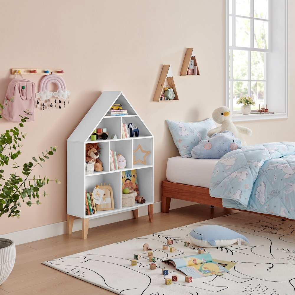 Steiner White Dollhouse 8-Compartment Kids Freestanding Bookshelf - Beech Legs. Picture 6