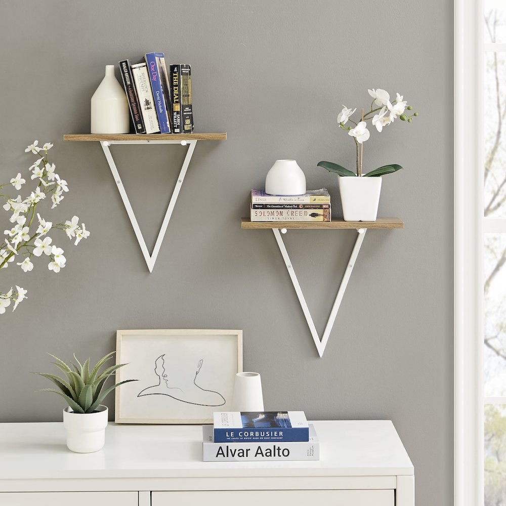 Triangle Accent Wall Shelf Reversible Configuration - White Metal Walnut Finish. Picture 2