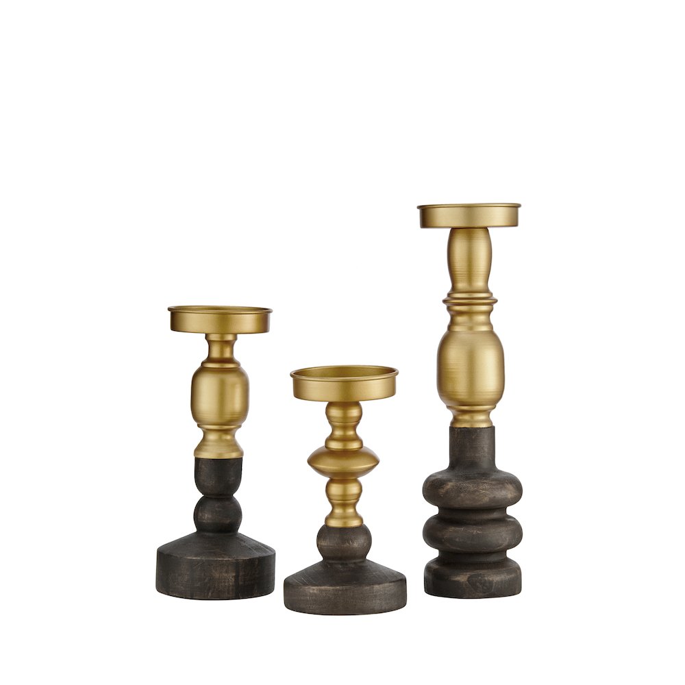Nara Brass Wood Taper Candlestick Pillar Candle Holders - Set of 3. Picture 1