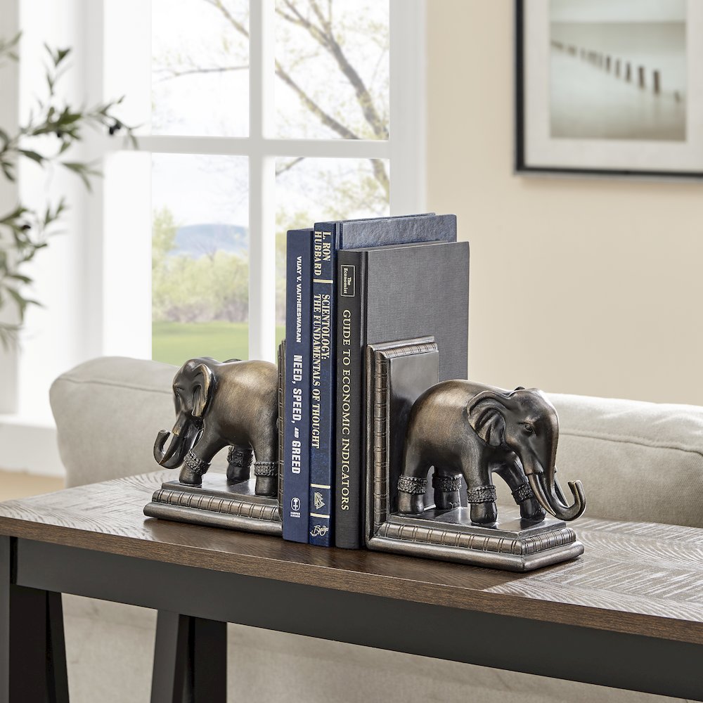 Ornate Elephants Polyresin Bronze Patina Finish Bookend Set of 2. Picture 6