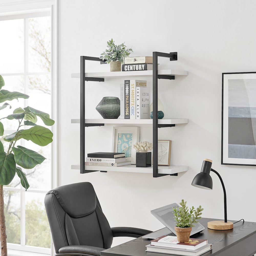 Modern 3-Tier Hanging Bracket Wall Shelves in Black Metal and White Birch Finish. Picture 9