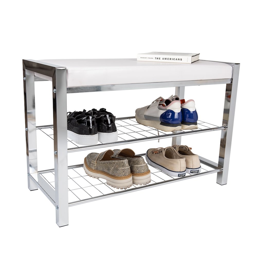 White Leatherette Storage Entryway Bench with Chrome Frame. Picture 5