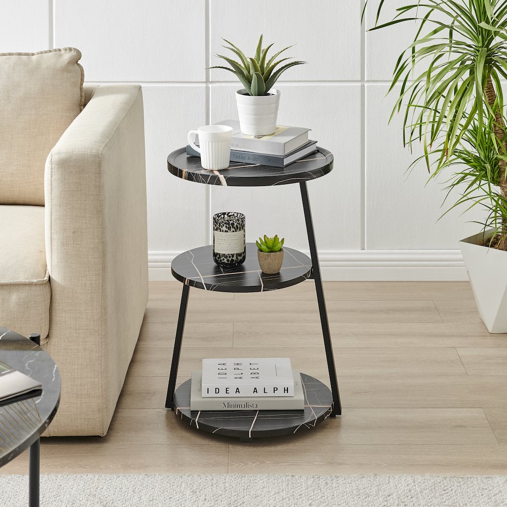Skylar Round 3-Tier Side Accent Table with Raised Lip Edge - Black Marble/Black. Picture 3