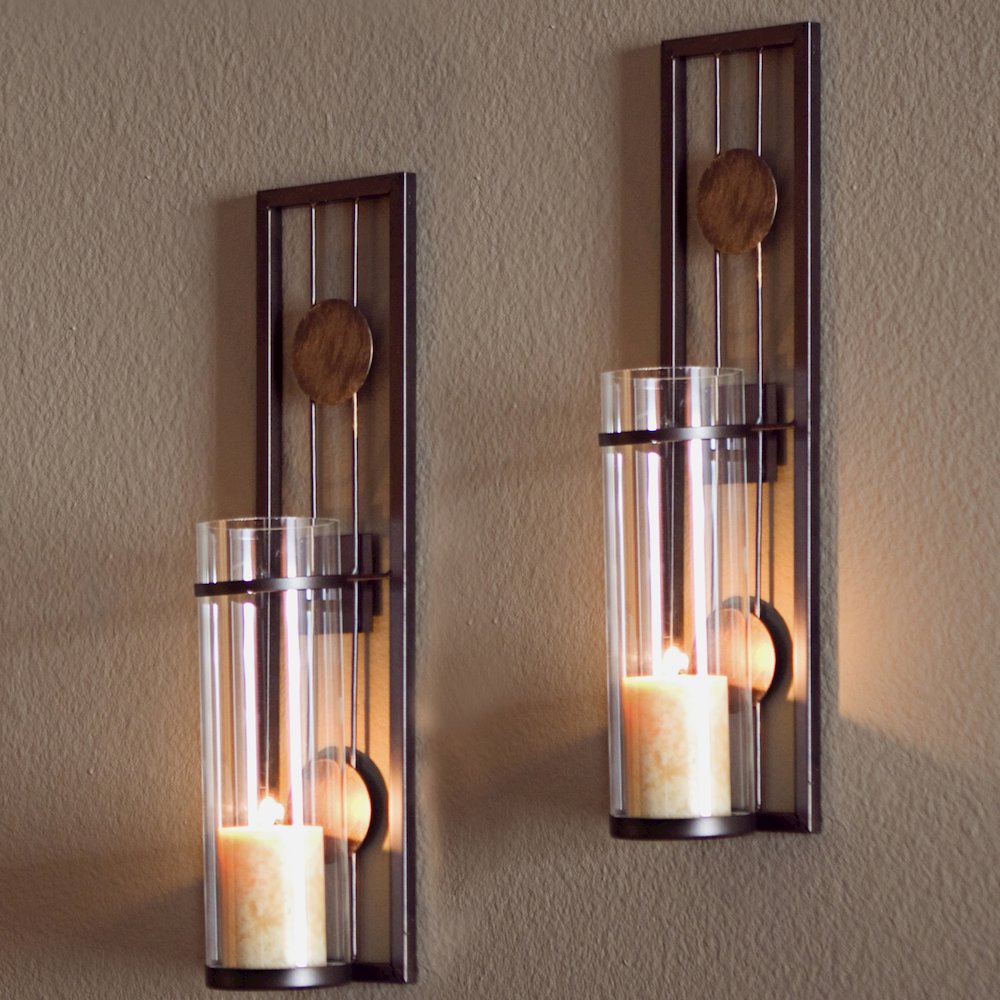 Set of Two Metal Wall Sconces With Antique Patina Medallions. Picture 3