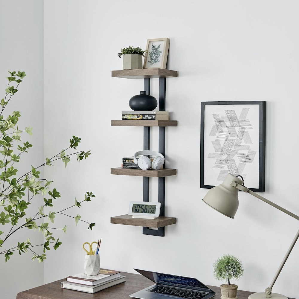 4-Tier Ladder Bracket Floating Wall Shelves - Black Metal and Walnut Finish. Picture 7