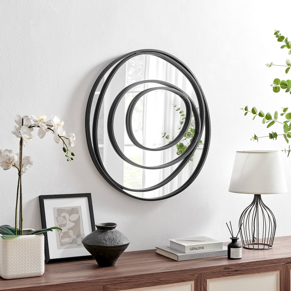 Sonya 25.5-inch Contemporary Continuous Circles Wall Mirror with Black Iron. Picture 4