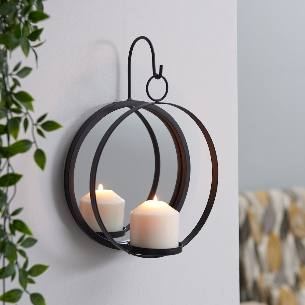Round Wrought Iron Pillar Candle Sconce with Mirror – Wall Candleholder. Picture 2