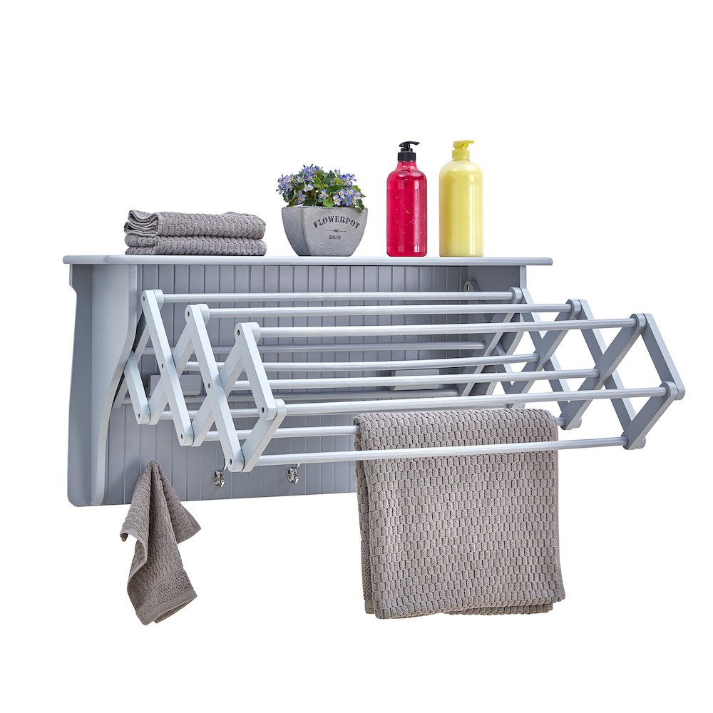 Wall Mounted Retractable Accordion Drying Rack – Light Grey. Picture 1